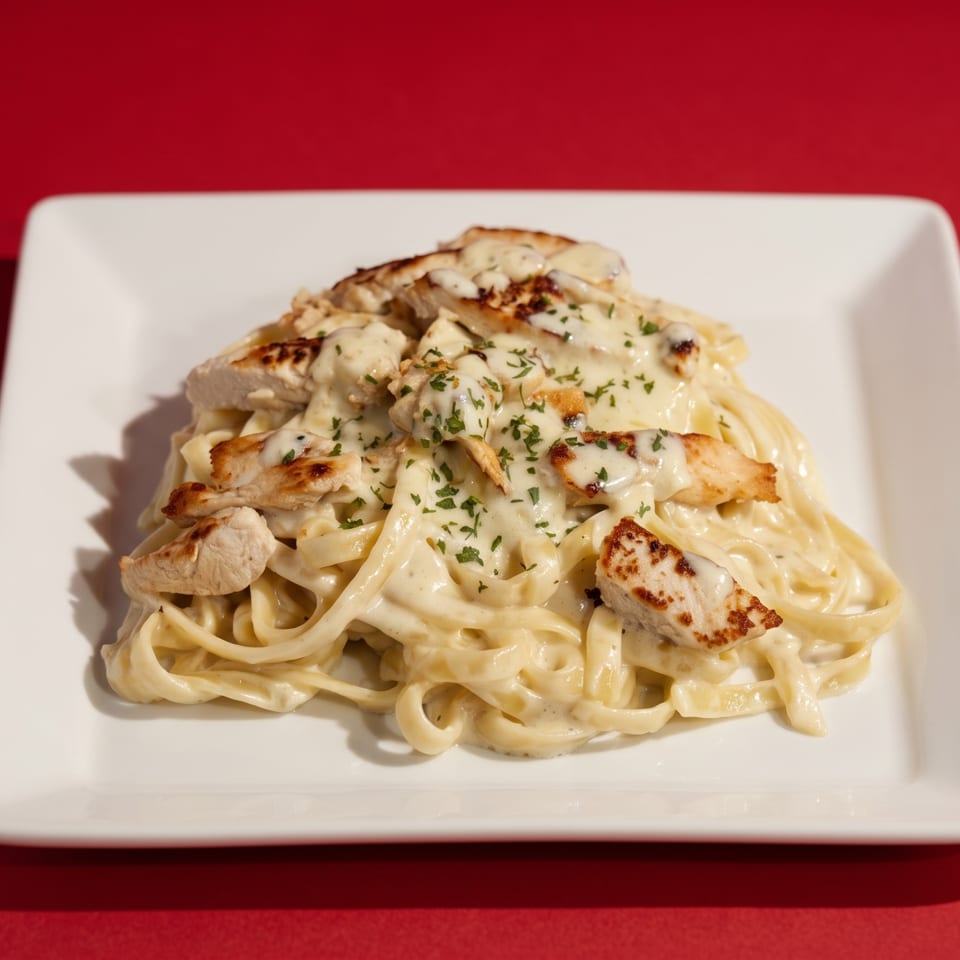 Creamy chicken alfredo pasta with parsley on a white rectangular plate against a red background.