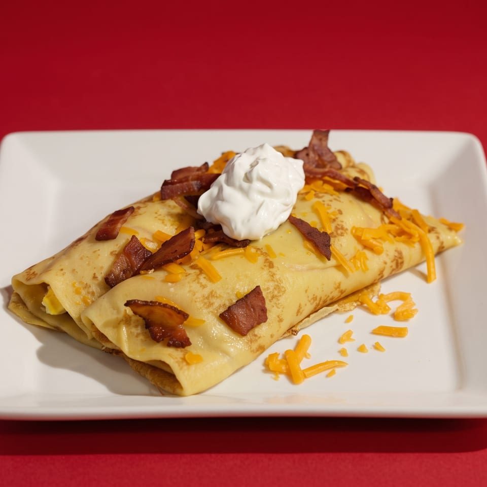 Savory crepes filled with cheese and bacon, topped with sour cream, on a white plate.