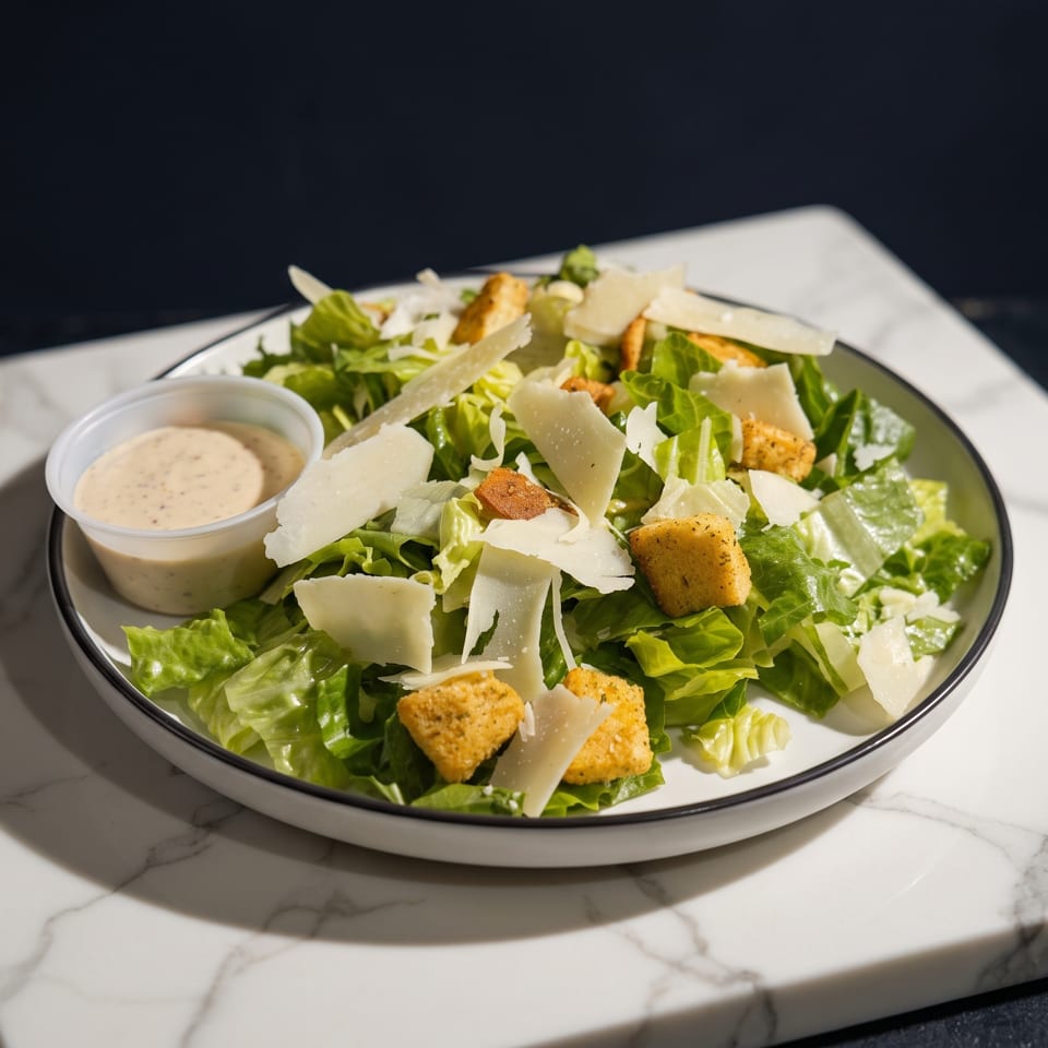 Fresh Caesar salad with romaine lettuce, croutons, parmesan cheese, and dressing on a white marble board.