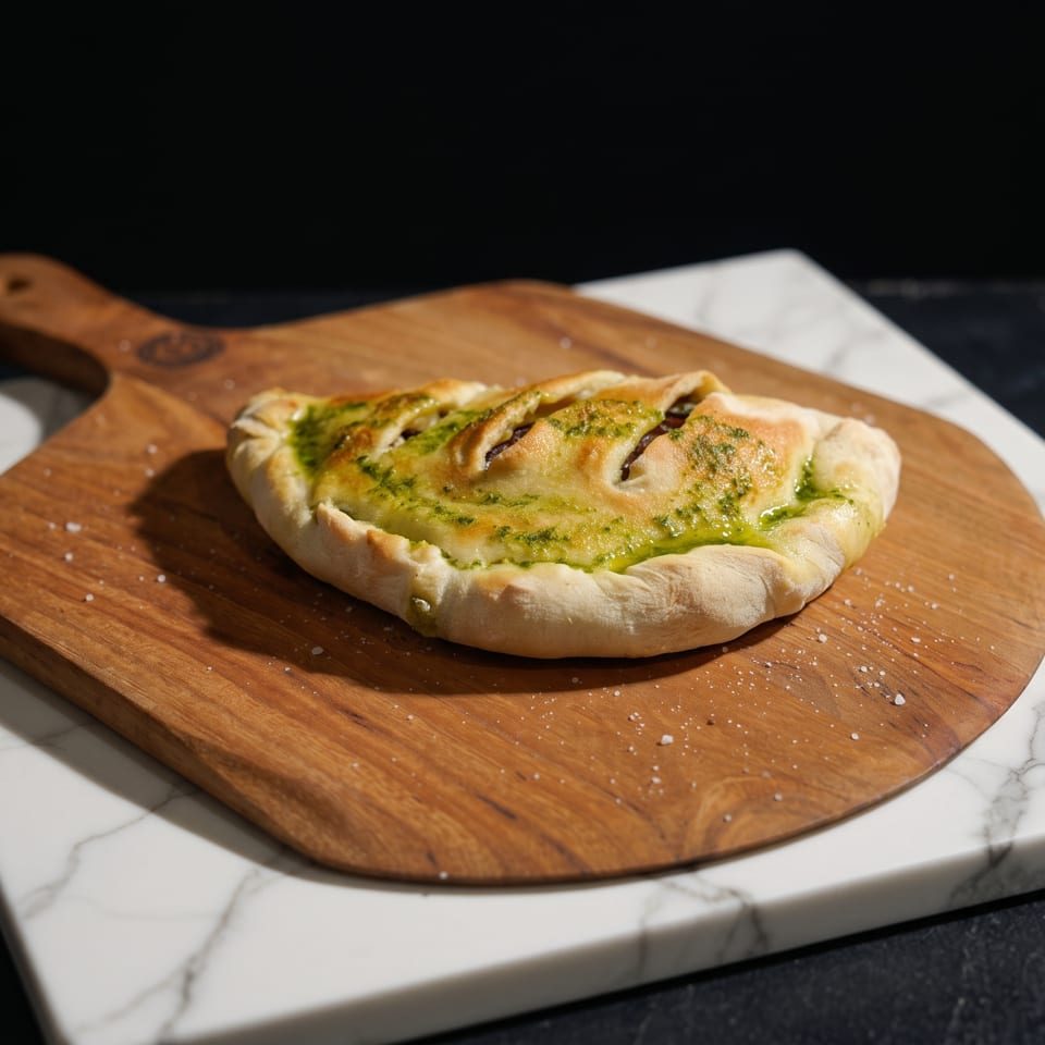 A calzone with pesto drizzled on top, resting on a wooden peel and marble slab.