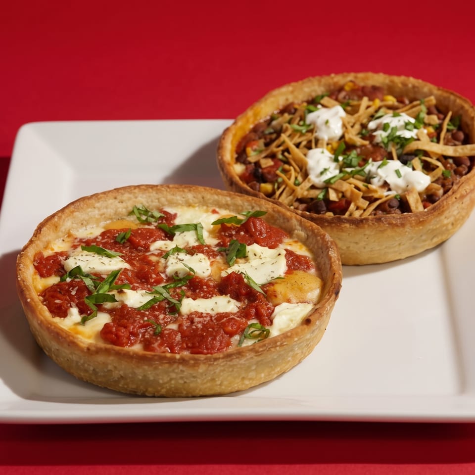 Two deep-dish pizzas, one with red sauce and mozzarella, the other with taco toppings, on a white plate.