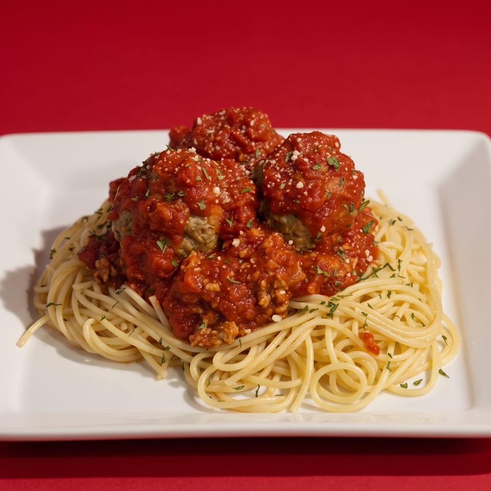 Spaghetti with three large meatballs covered in red sauce, parmesan, and parsley on a white plate.