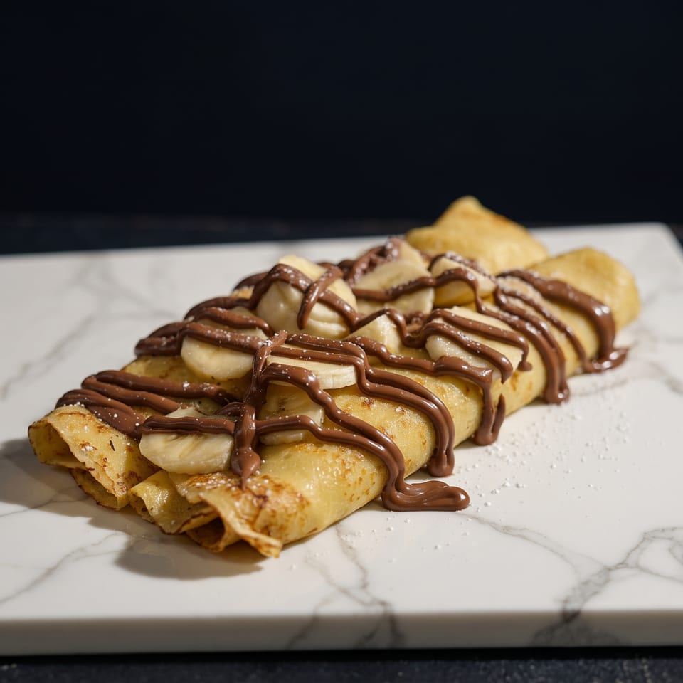 Banana and chocolate crepes on a white marble board with a dark background.
