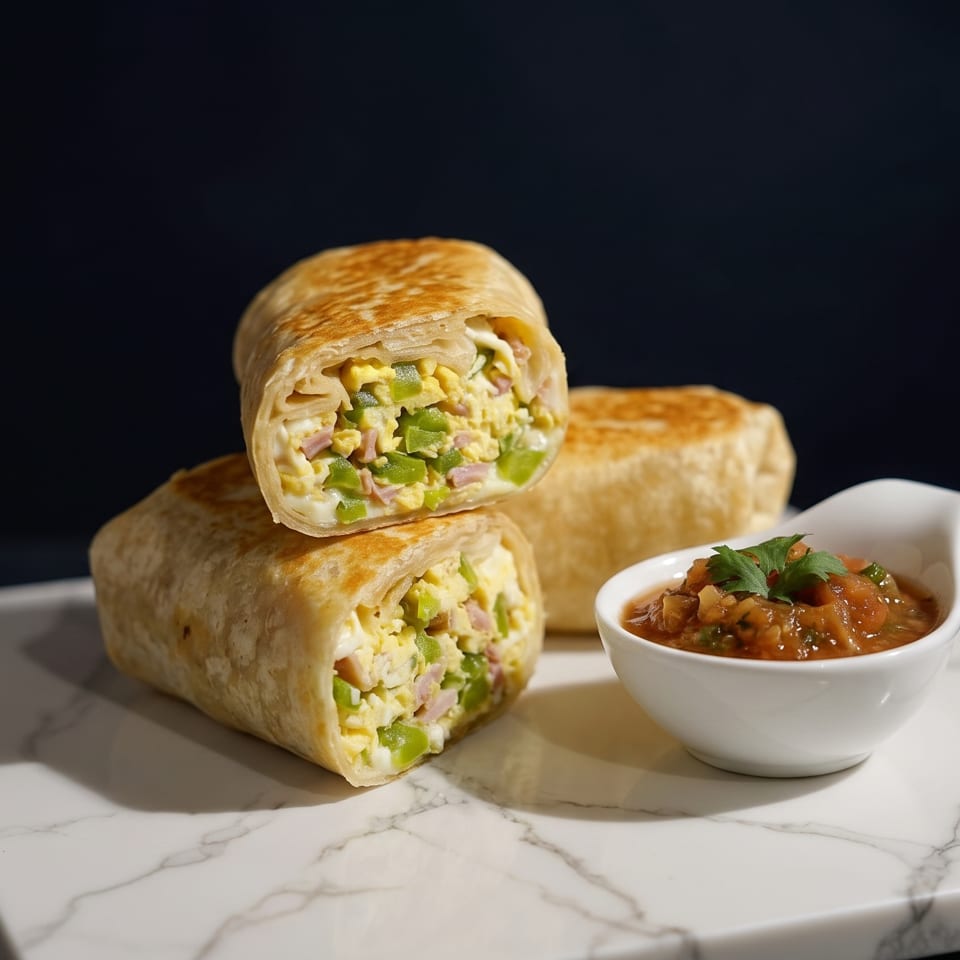 Two breakfast burritos filled with eggs, ham, and green peppers, with a side of salsa.