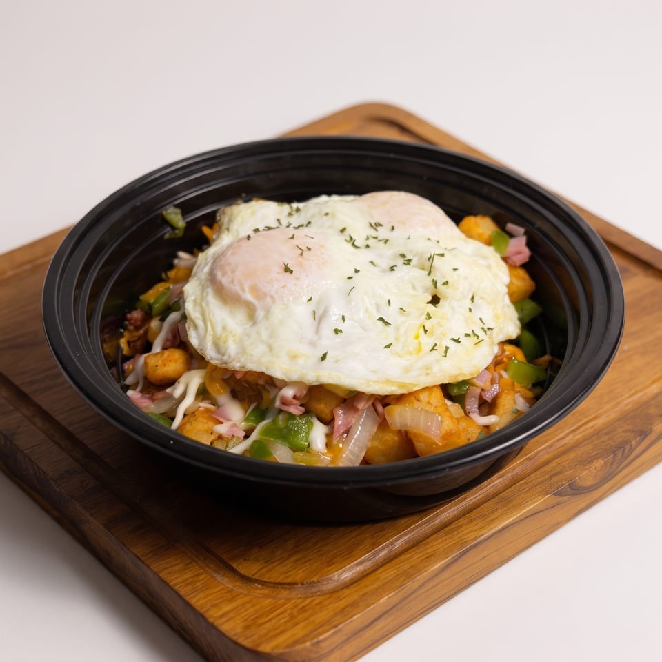 Breakfast bowl with fried eggs, tater tots, onions, and green peppers, served on a wooden board.