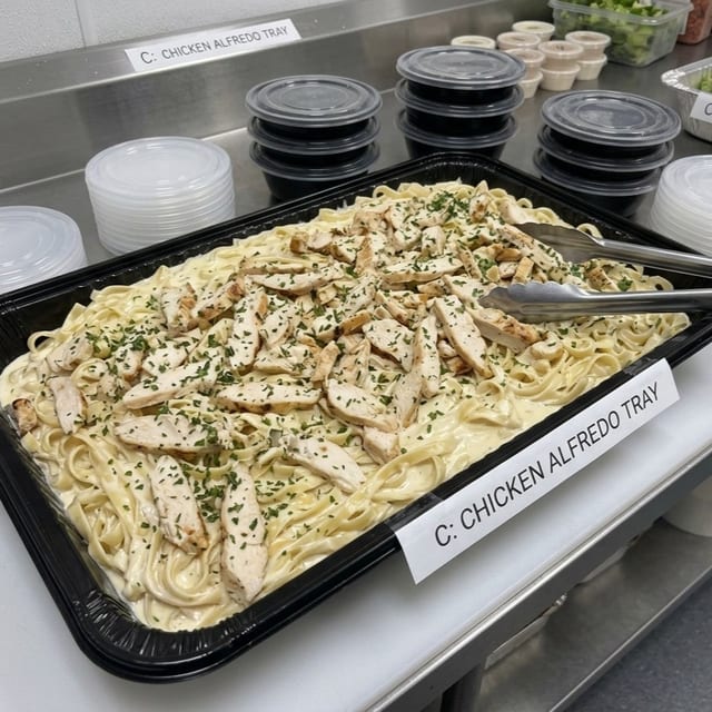 C: Chicken Alfredo Tray.